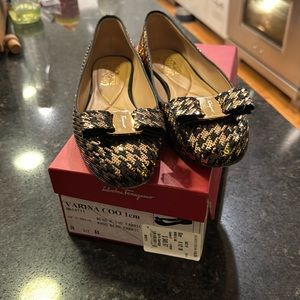 Ferragamo Gold Black Sequin Flat